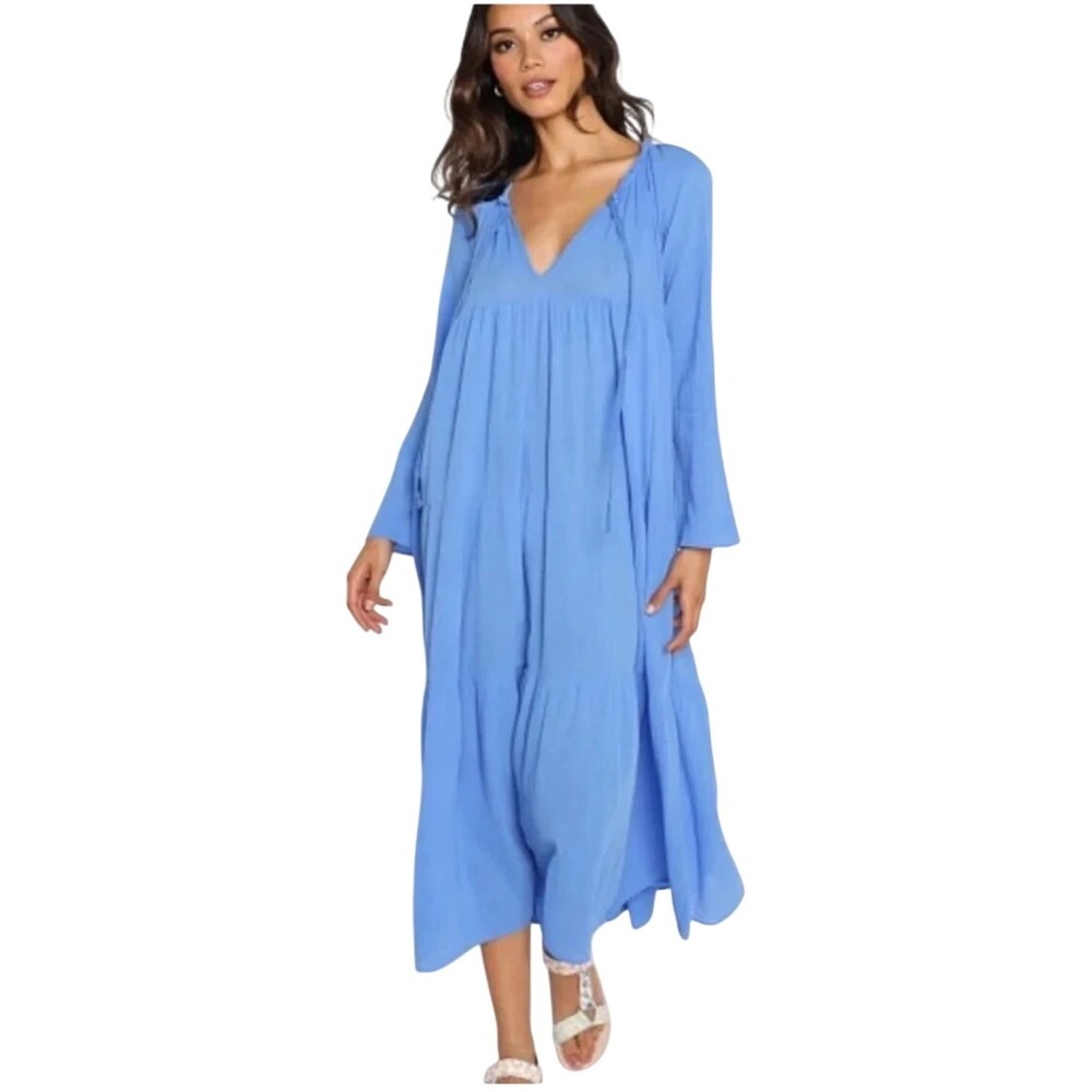 9seed St Tropez Midi Dress 100% Cotton Gauze Tiered Pockets Periwinkle Lagenlook